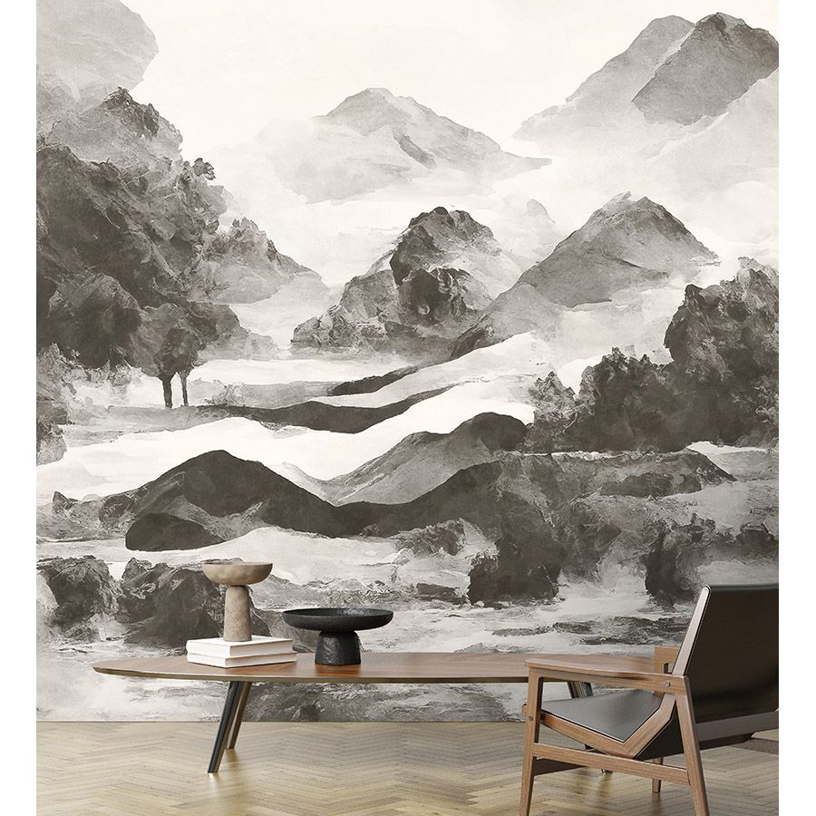 Photo wallpaper »tinterra 1« - Landscape with mountains & fog - Grey | Smooth, slightly pearly shimmering non-woven fabric
