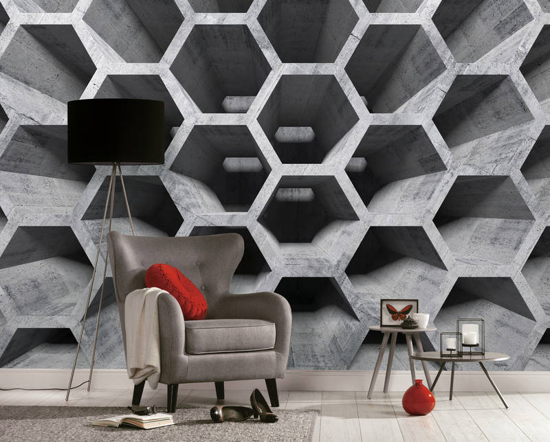             3D Effect Honeycomb Pattern with Concrete Look - Grey
        