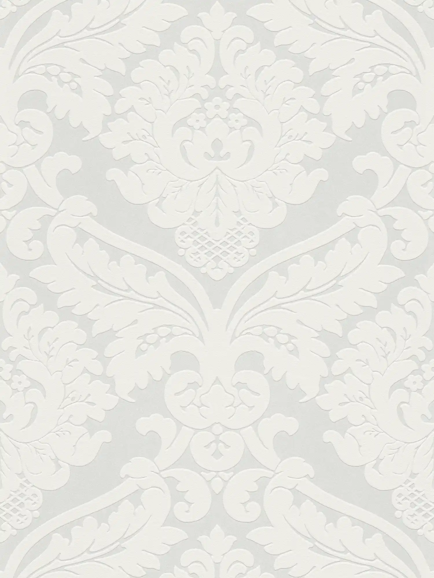 Baroque wallpaper with 3D floral ornament - metallic, white
