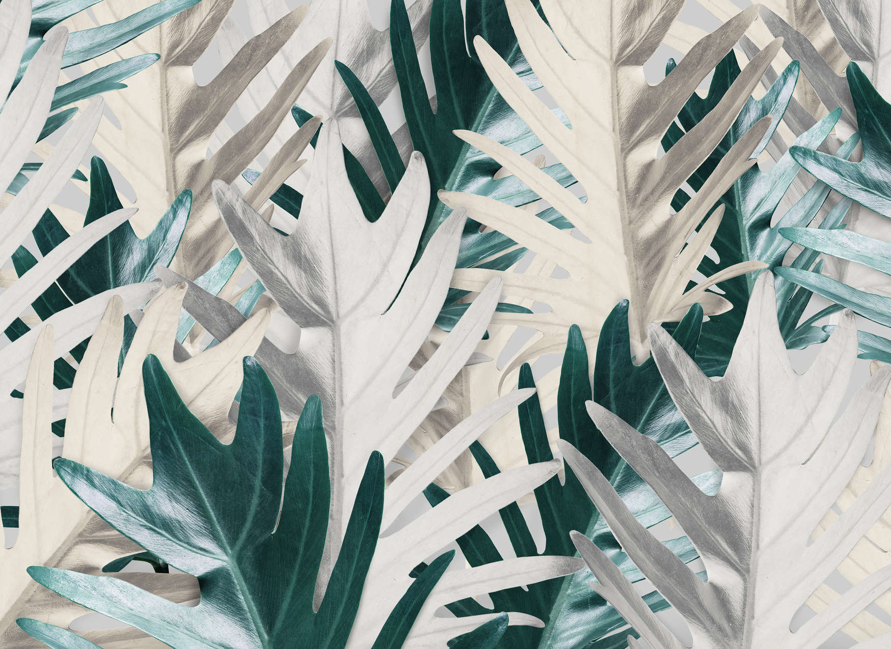             Carta da parati Foglie di palma tropicali - Verde, bianco
        