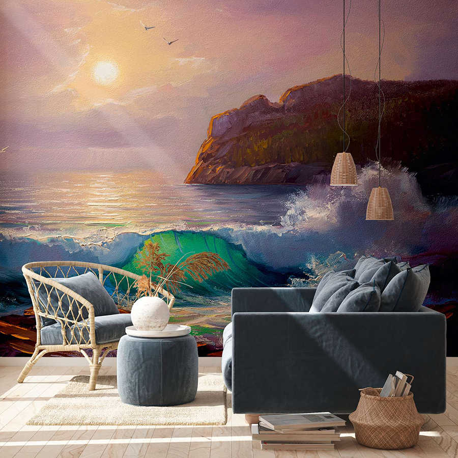 Pittura murale di una costa all'alba - Blu, viola, marrone

