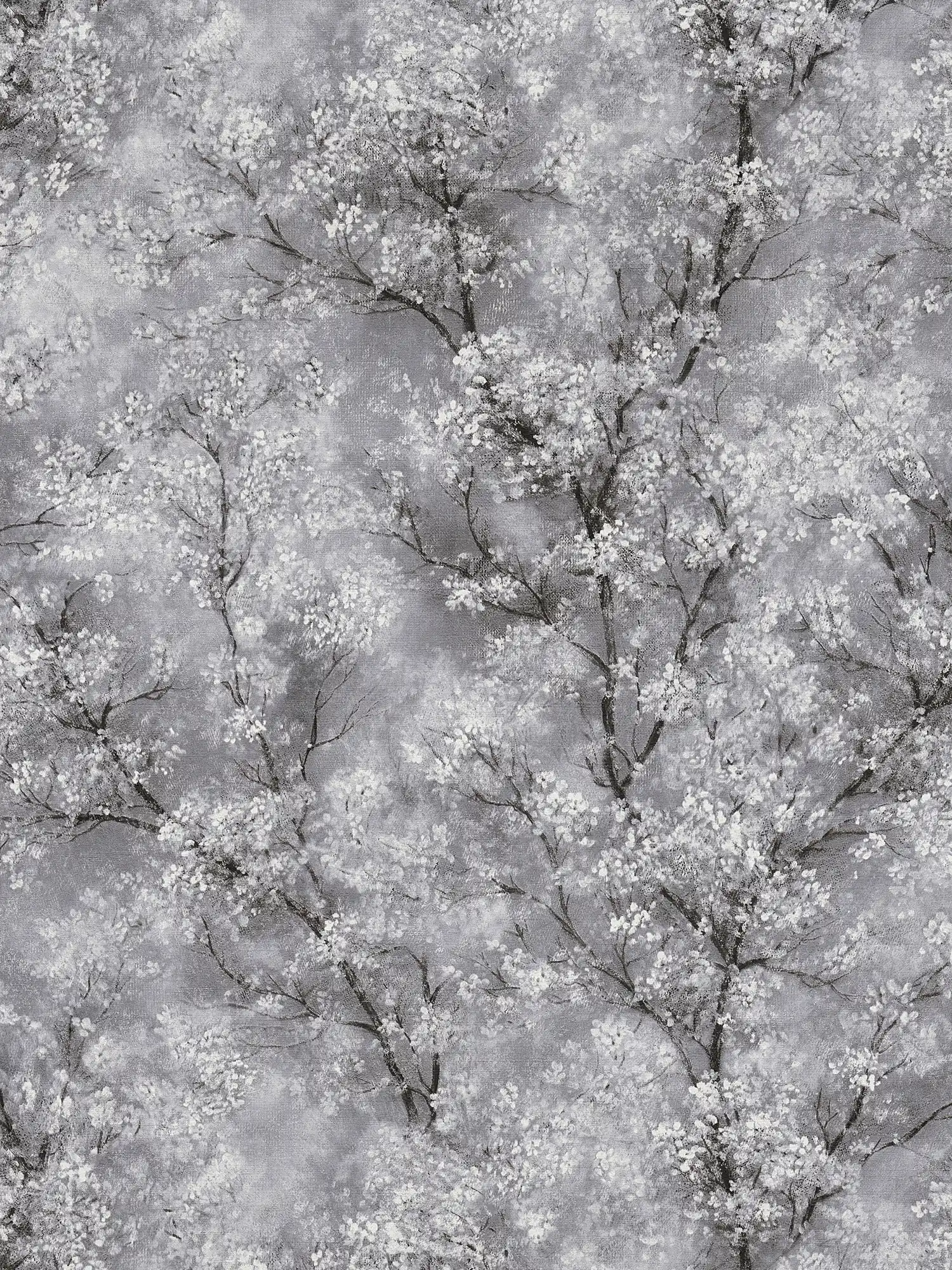 behang kersenbloesem glitter effect - grijs, zwart, wit
