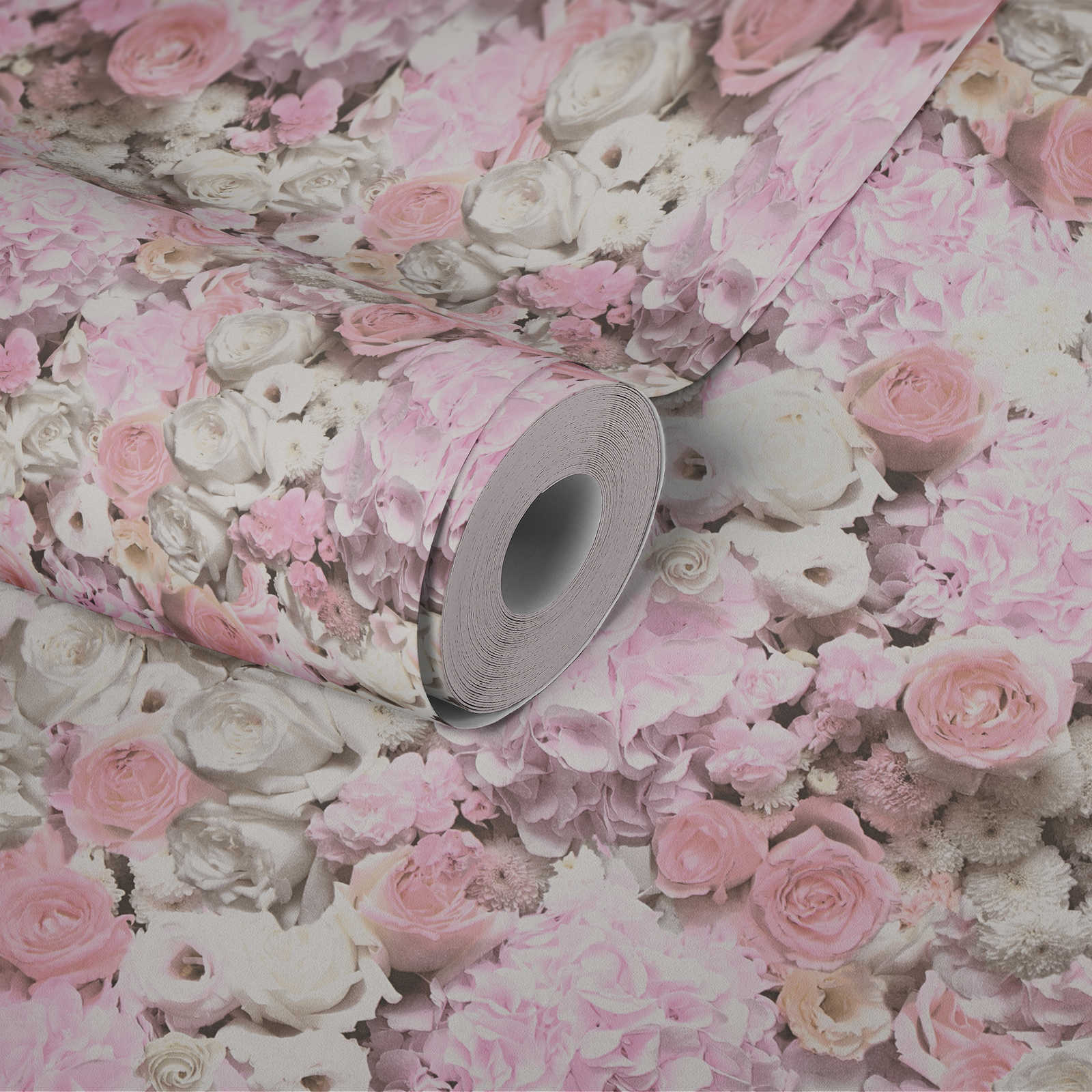             Papier peint motifs roses et fleurs - rose, blanc
        