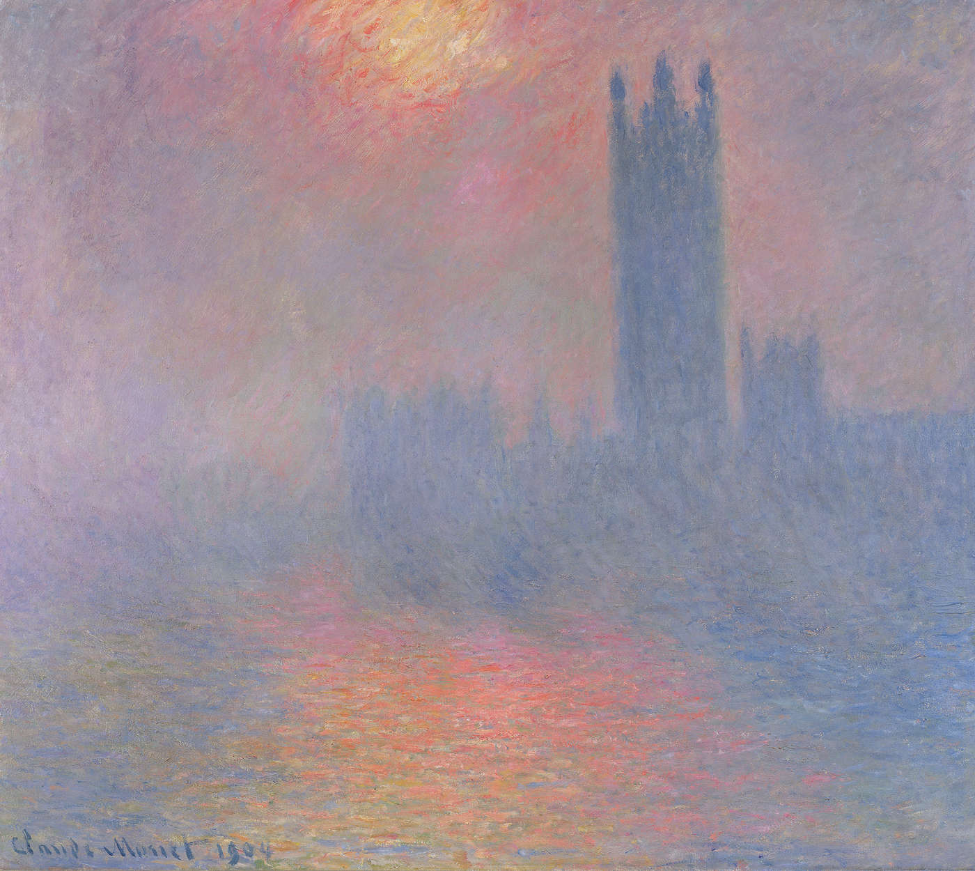             Muurschildering "Het parlement van Londen met de zon die door de mist breekt" door Claude Monet
        
