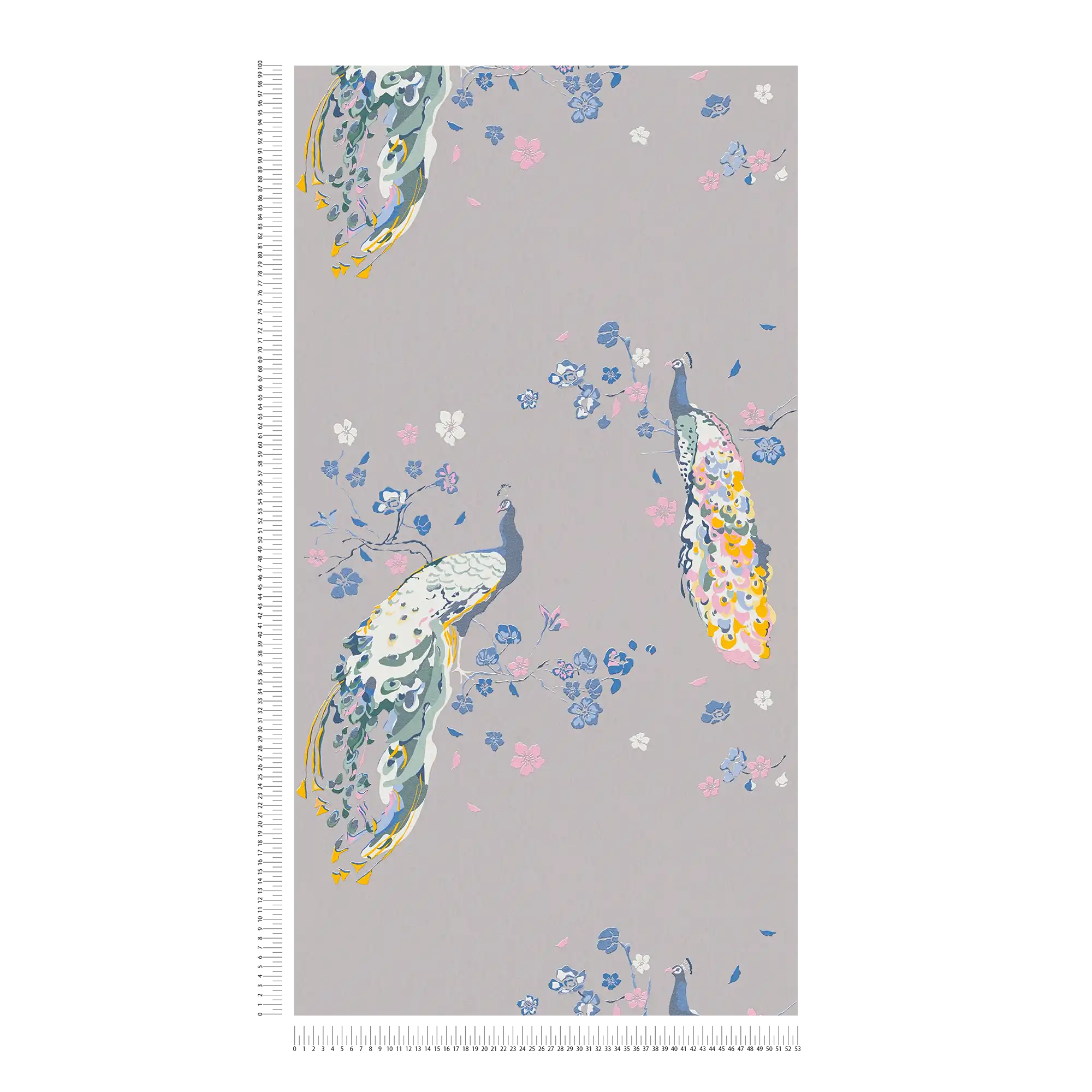             Non-woven wallpaper with peacock pattern and glossy effect - grey, blue, colourful
        