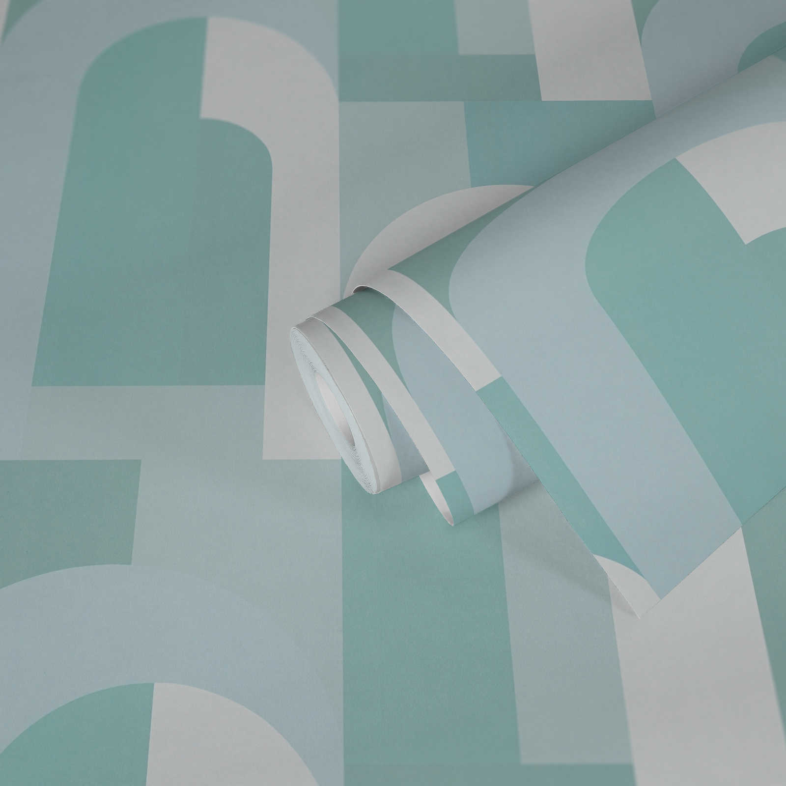             Papier peint graphique avec motif en arc - turquoise, blanc
        