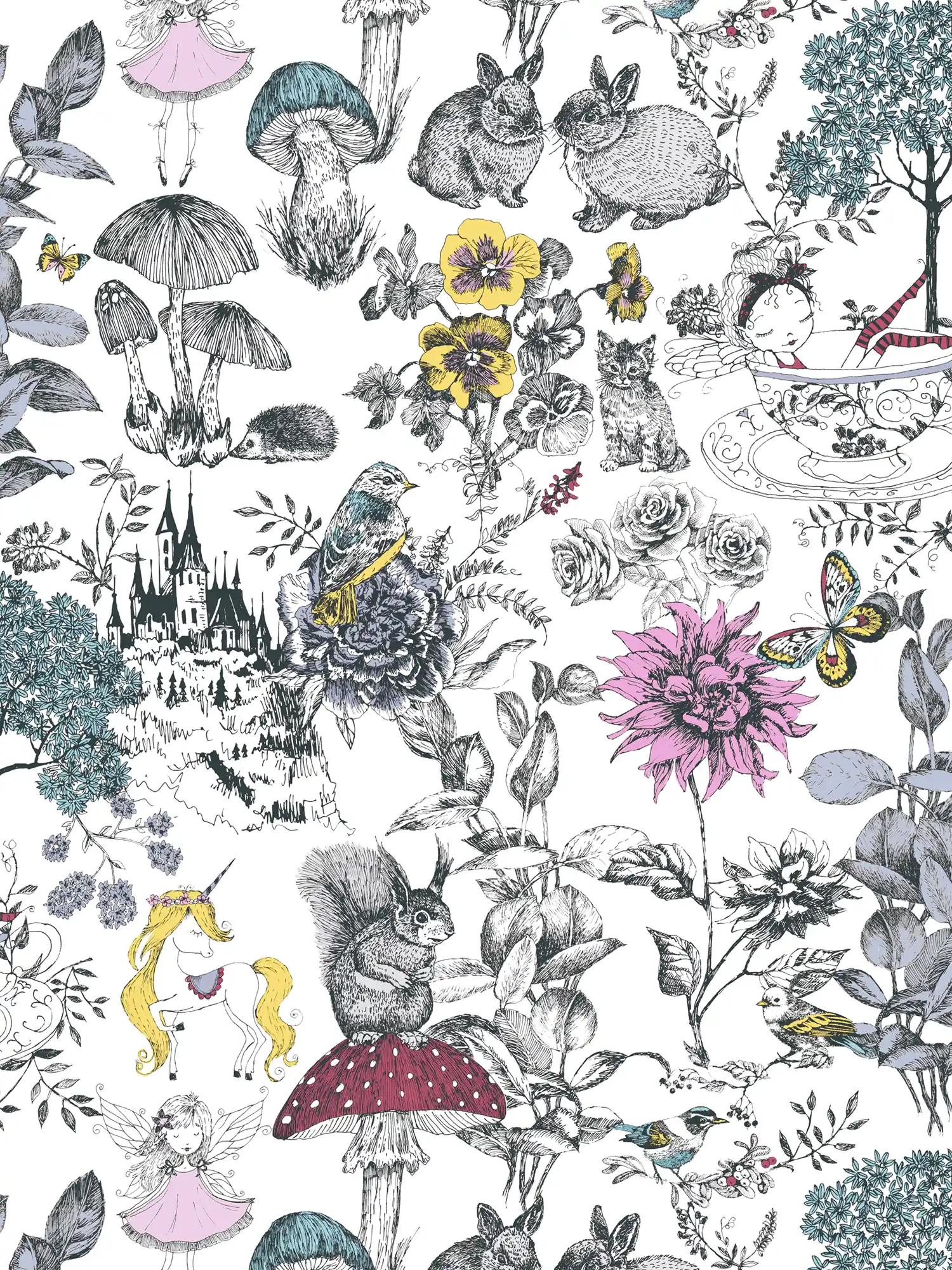         Nursery wallpaper fairy forest flowers & animals - black, white, yellow
    