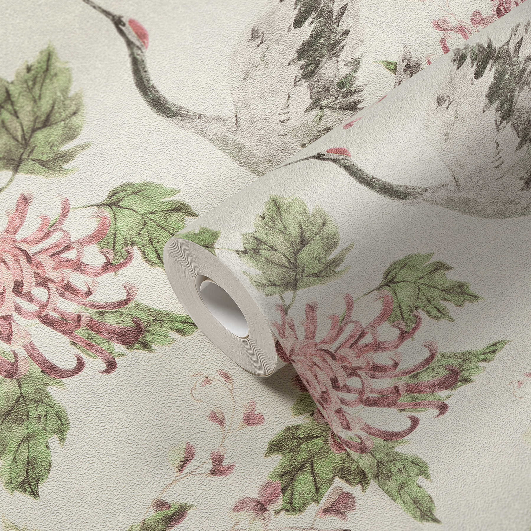             Patroonbehang met Aziatische kraanvogel en bloemmotief - roze, groen, wit
        