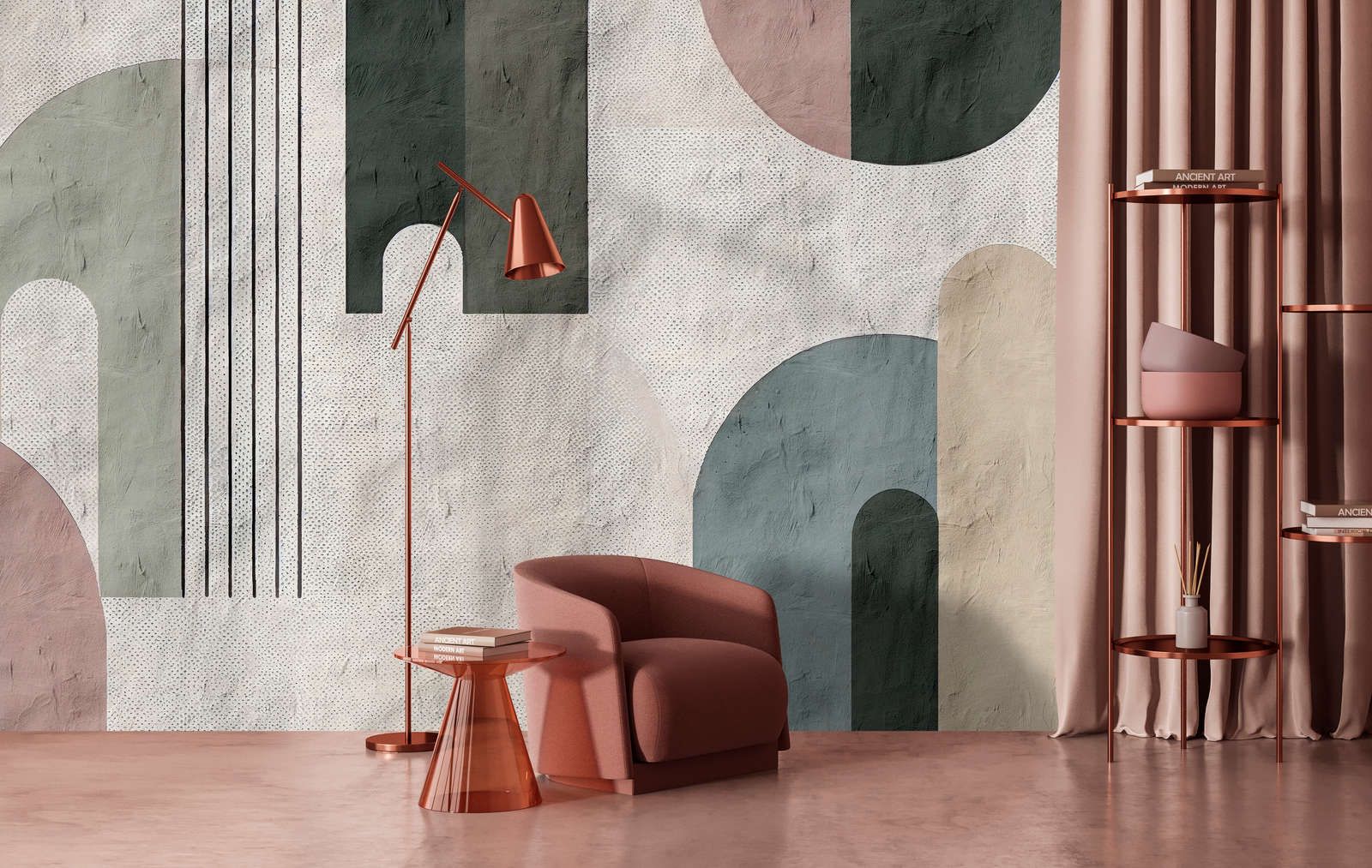             Photo wallpaper »torenta« - Graphic pattern with round arch, clay plaster texture - Smooth, slightly shiny premium non-woven fabric
        