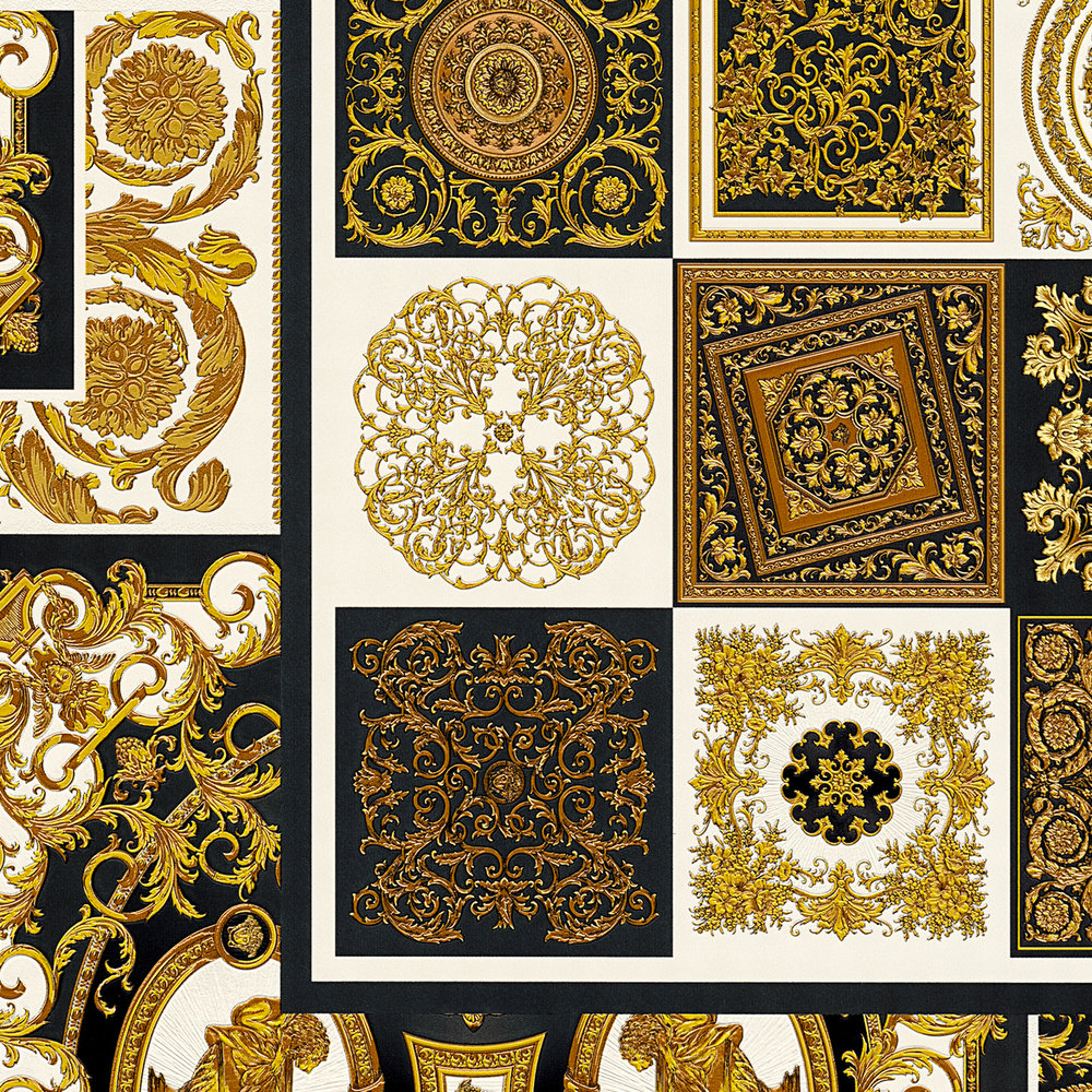             Papel pintado VERSACE Home detalles barrocos y estampado animal - oro, plata, negro
        