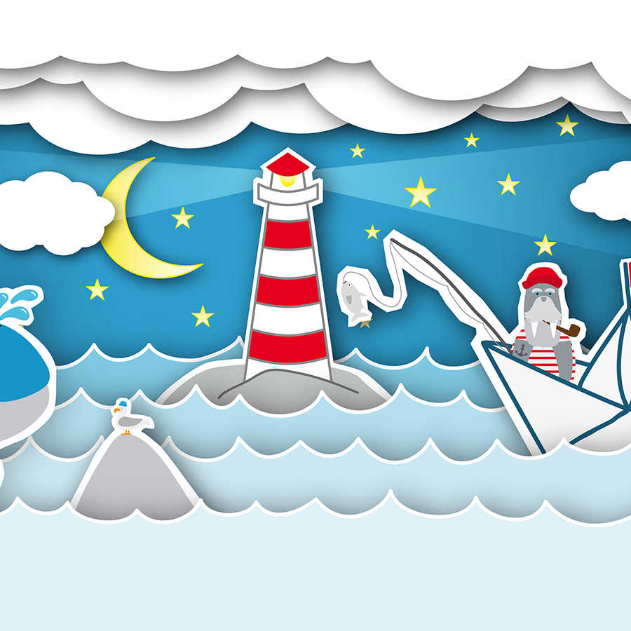 Children mural sea at night with lighthouse and sea bear on textured non-woven
