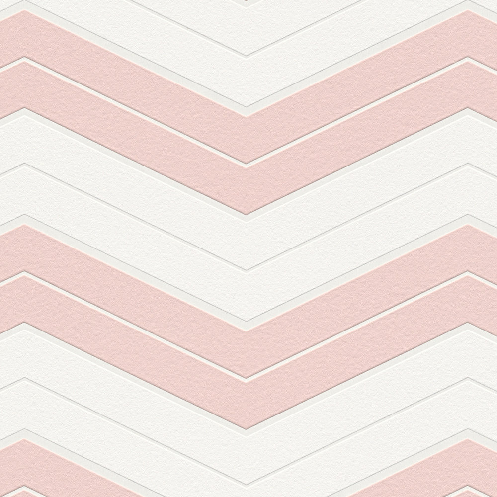             Wallpaper with zigzag lines horizontal striped - pink, white
        