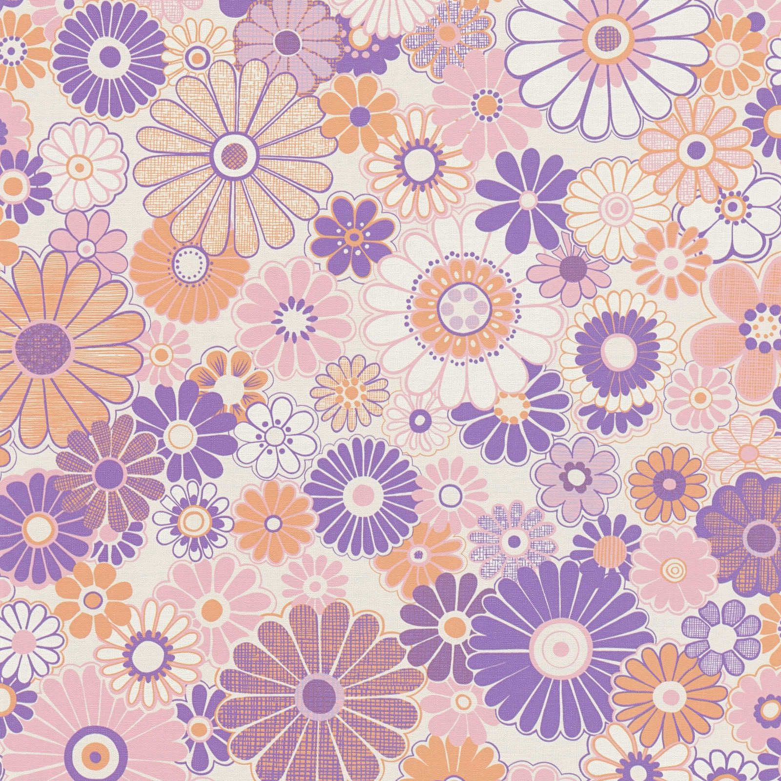 Vliesbehang met lichte structuur en bloemenpatroon - paars, oranje, roze
