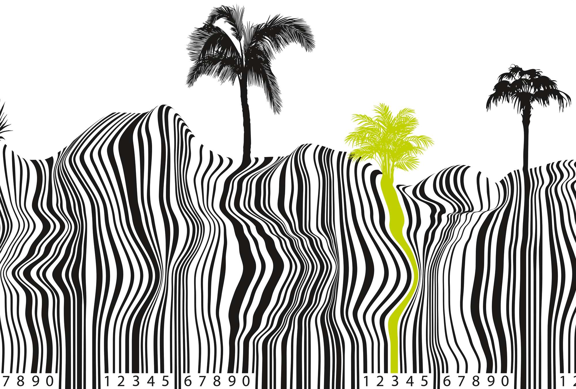            Muurschildering met verfijnd barcodepatroon en palmboomlook
        