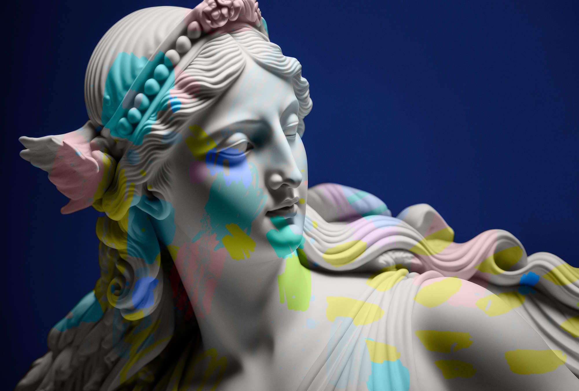             Photo wallpaper »anthea« - female sculpture with colourful accents - Smooth, slightly pearly shimmering non-woven fabric
        