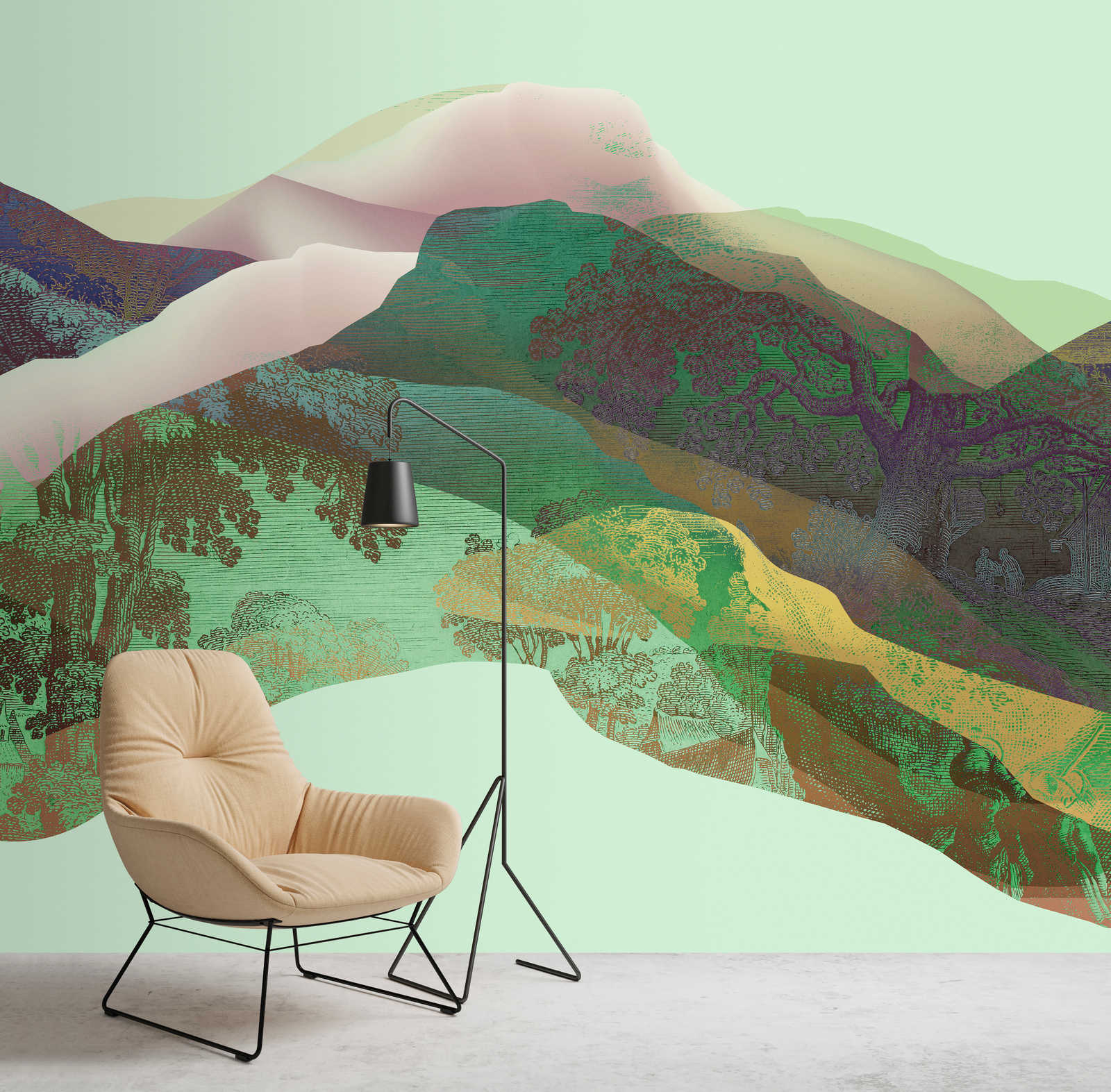             Magic Mountain 3 - Muurschildering groene bergen modern design
        
