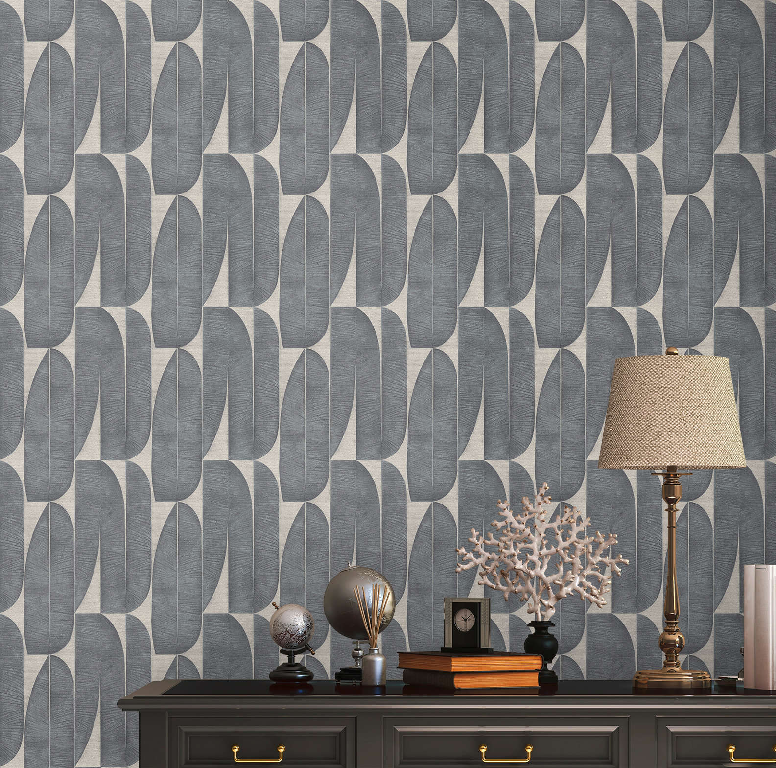             Non-woven wallpaper with geometric pattern in leaf look - beige, black
        
