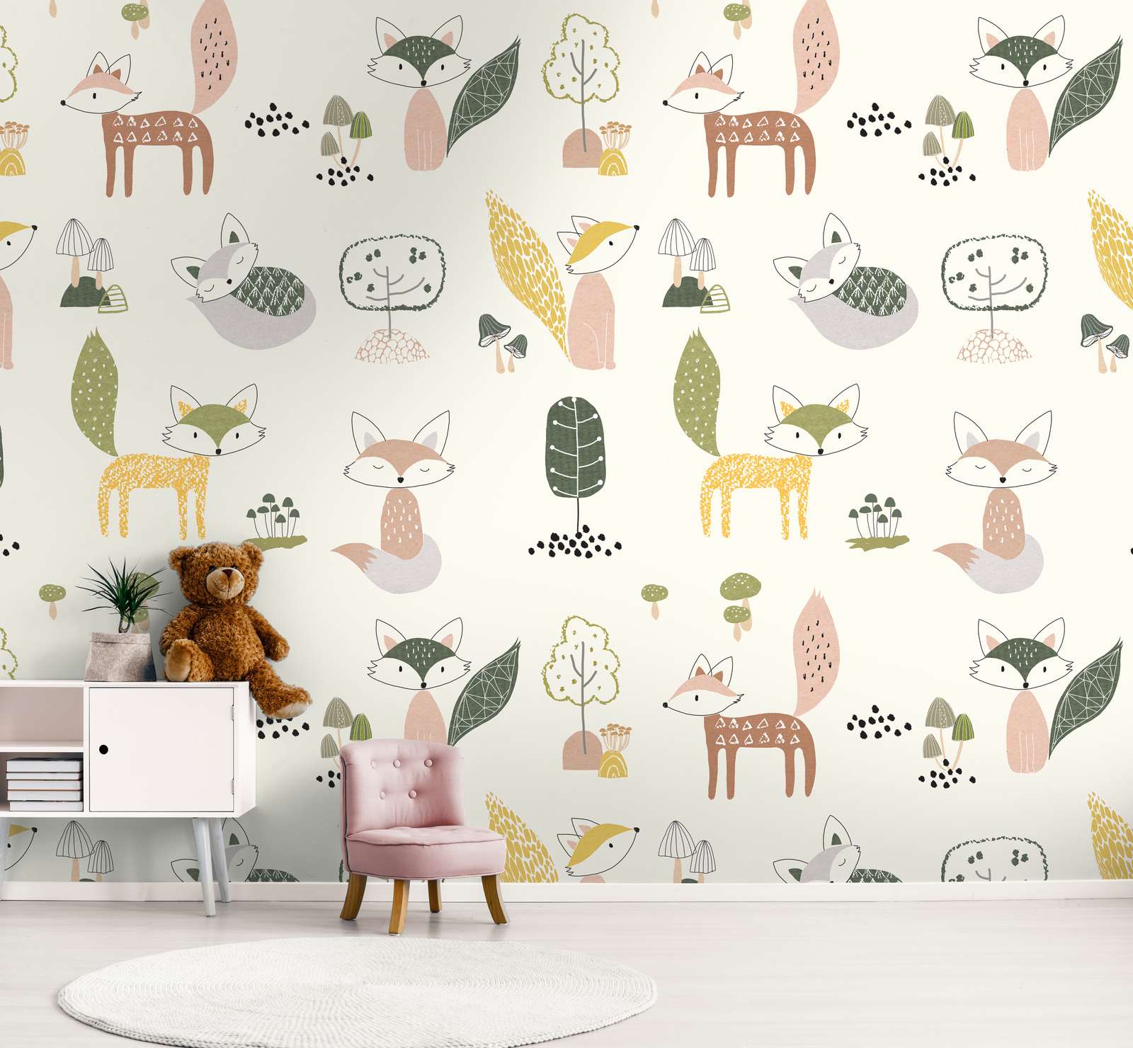             wallpaper child motif with foxes and mushrooms - coloured, cream, green
        