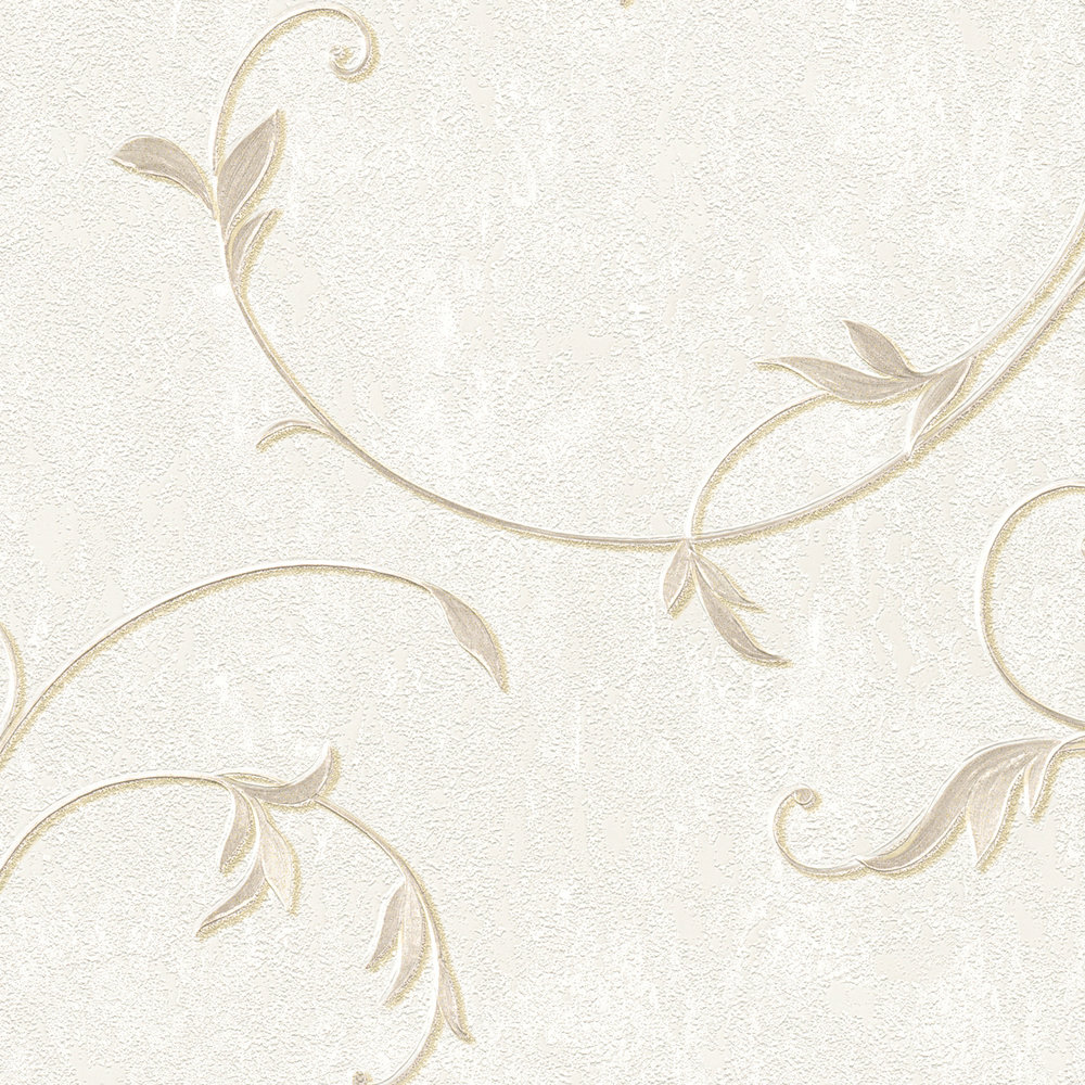             Papel pintado no tejido con aspecto de escayola con dibujo de zarcillos dorados - beige, crema, dorado
        