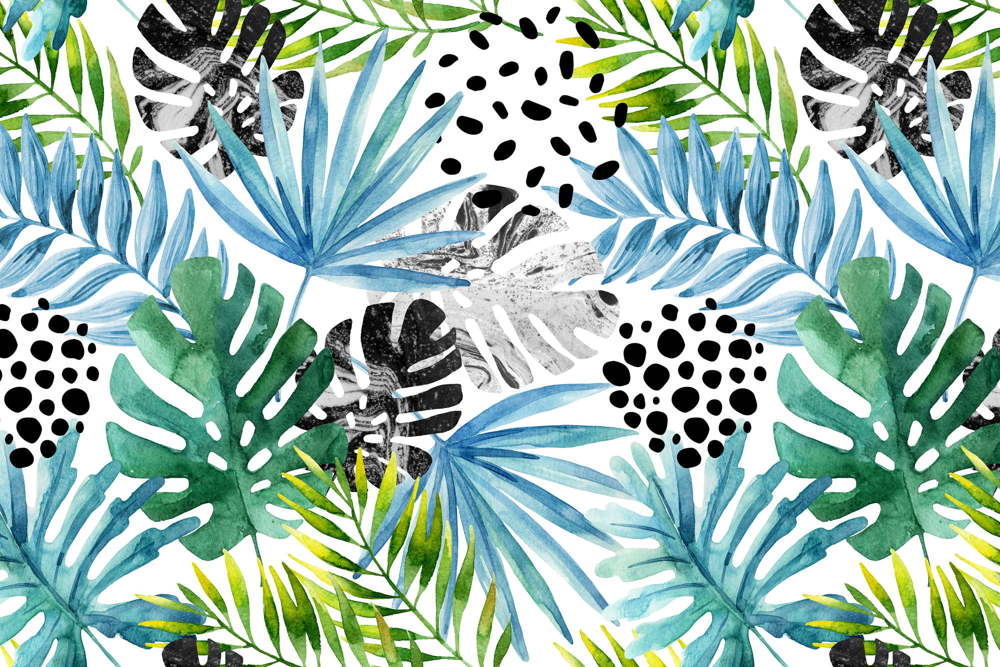            Papel pintado gráfico de plantas de la selva de colores sobre vellón liso de primera calidad
        