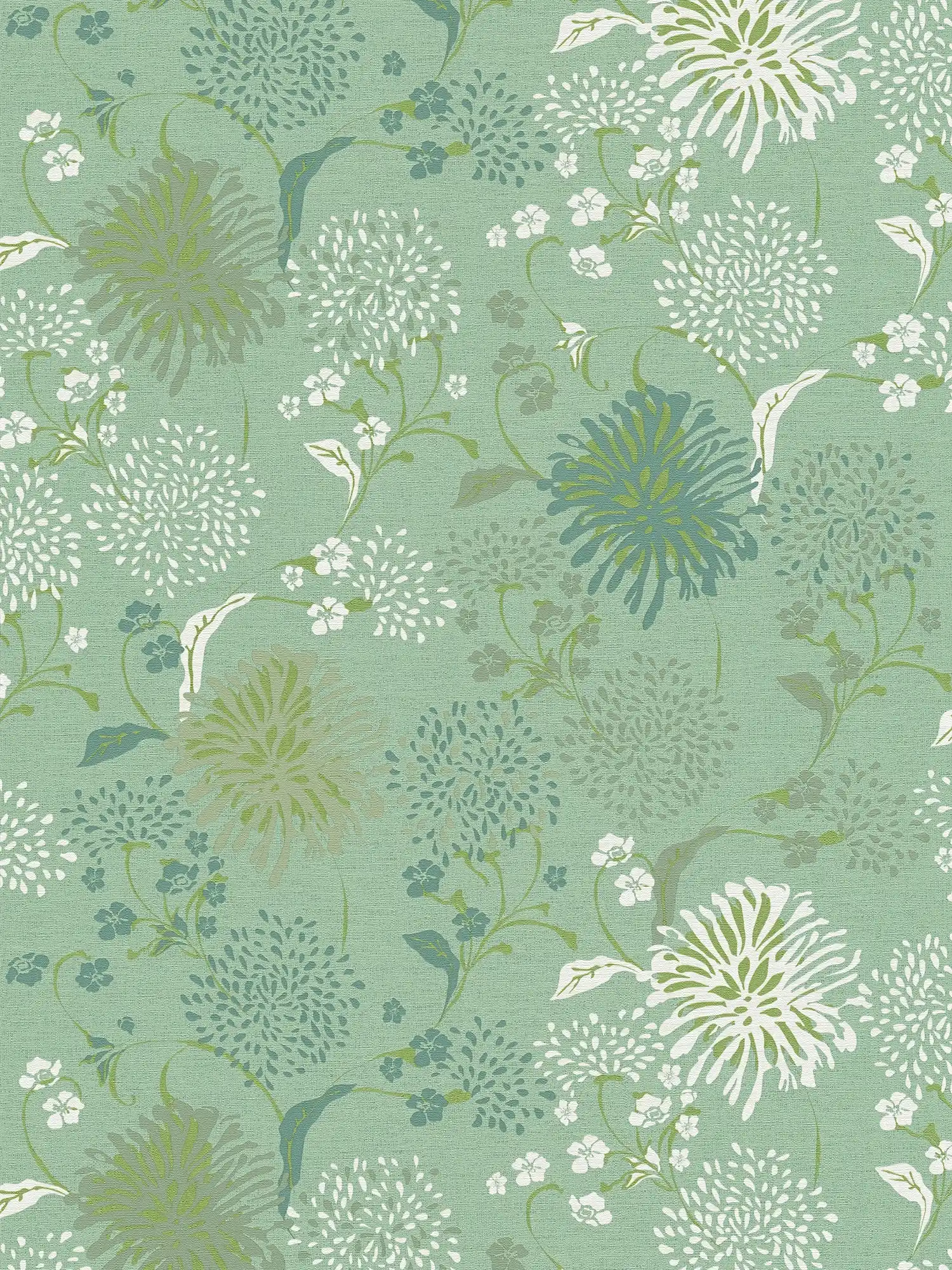 Non-woven wallpaper with floral dandelion pattern - green, white
