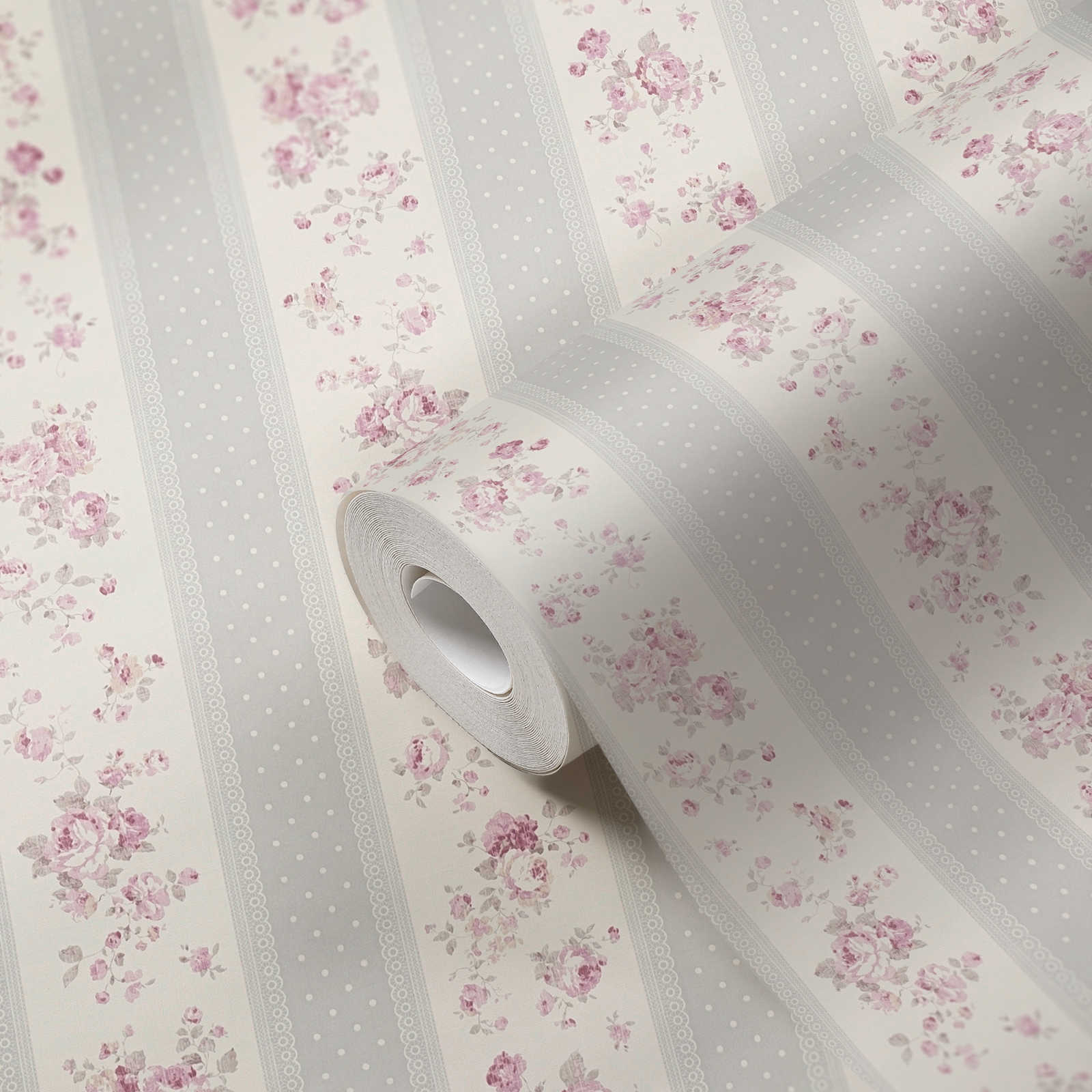             Carta da parati a righe con motivi a fiori e punti - grigio, bianco, rosa
        