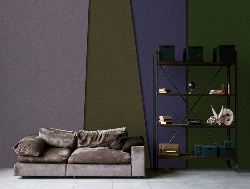             Layered Cardboard 3 - Mural de pared minimalista y abstracto - estructura de cartón - Verde, morado | Vellón liso perla
        