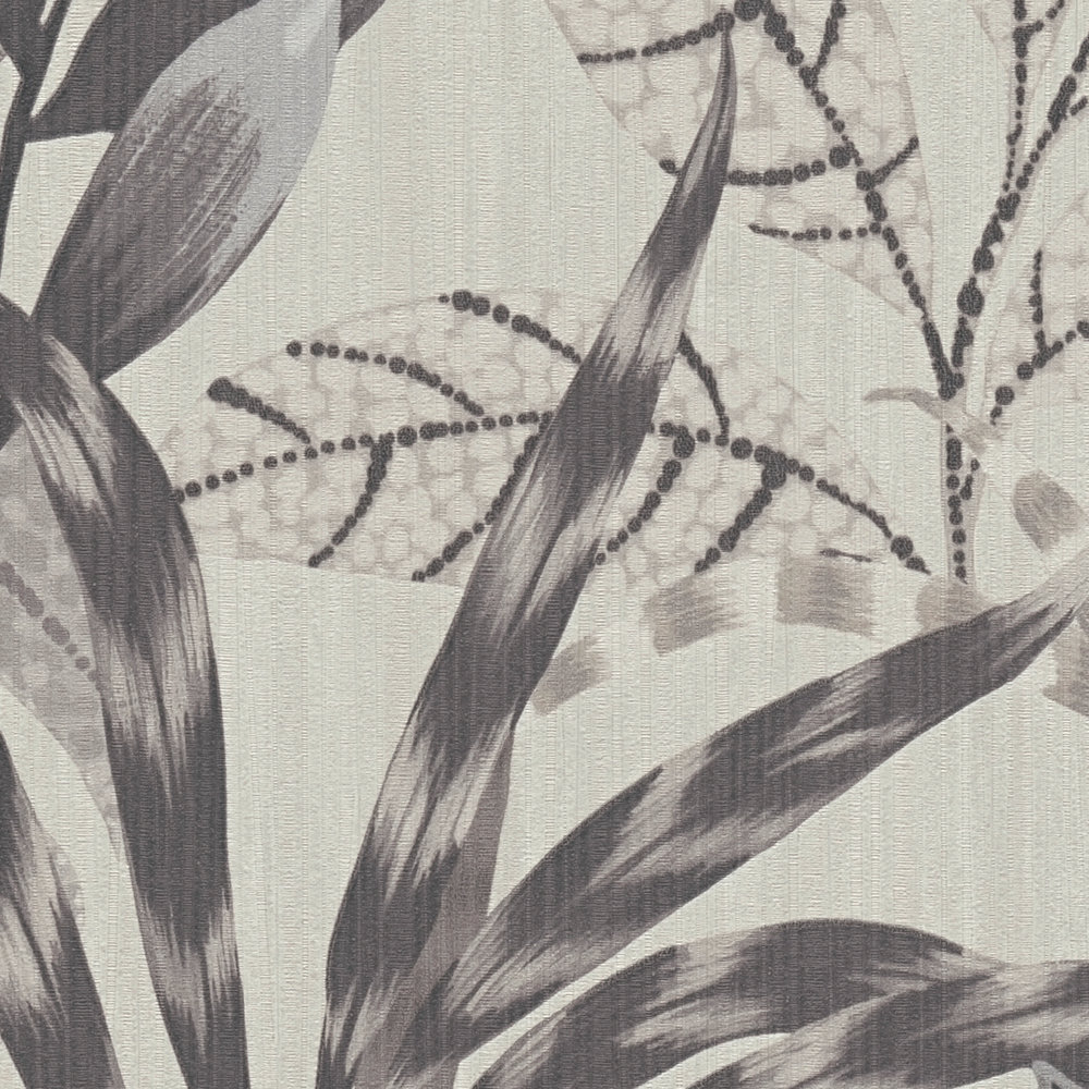             Monochroom junglebehang met reliëfstructuur - grijs, wit
        