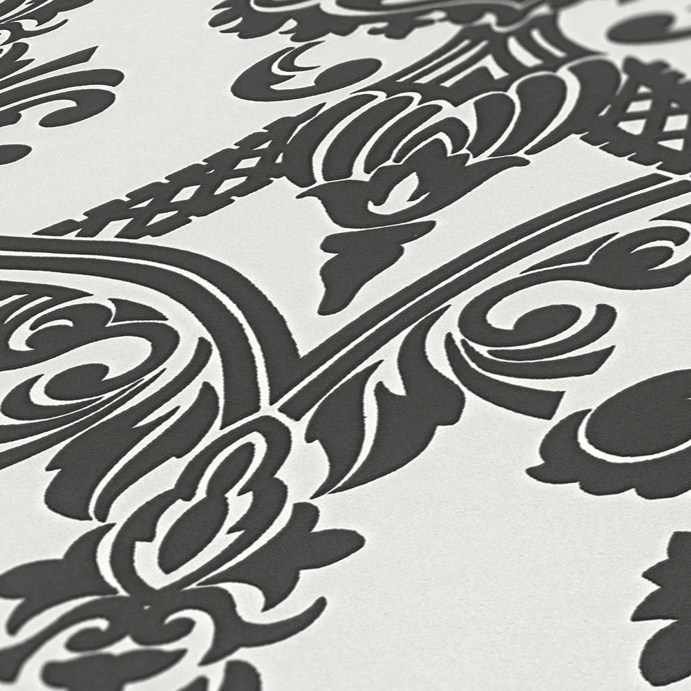             Metallic wallpaper baroque ornamental pattern in black and white
        