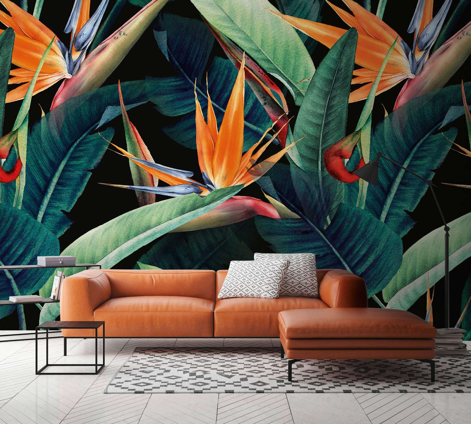             Papier peint panoramique motif jungle peint avec des feuilles - vert, orange, multicolore
        