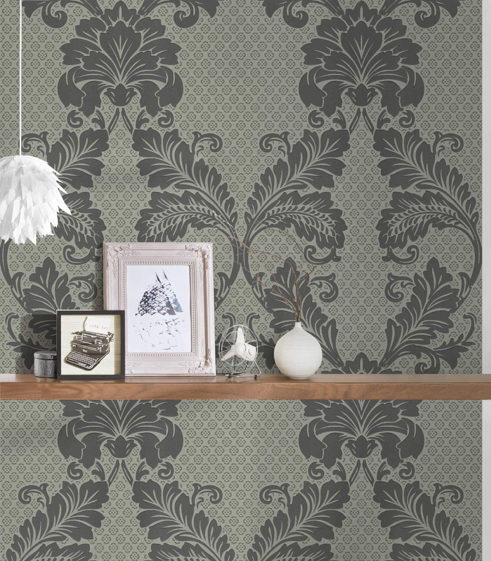             Patterned ornamental wallpaper with large floral motif - grey, bronze
        