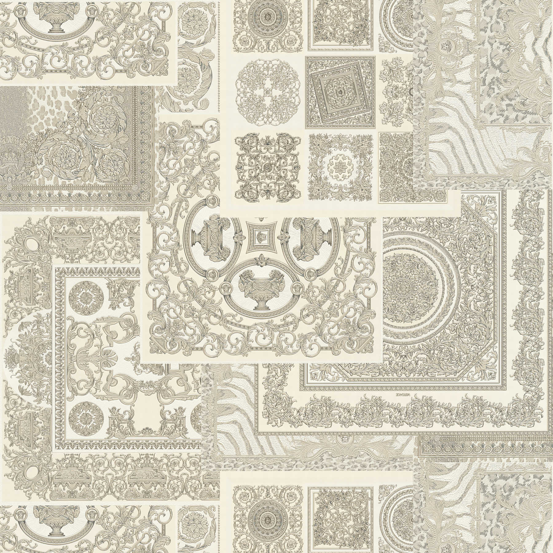 VERSACE Home Papier peint Détails baroques & imprimé animalier - argent, gris, blanc
