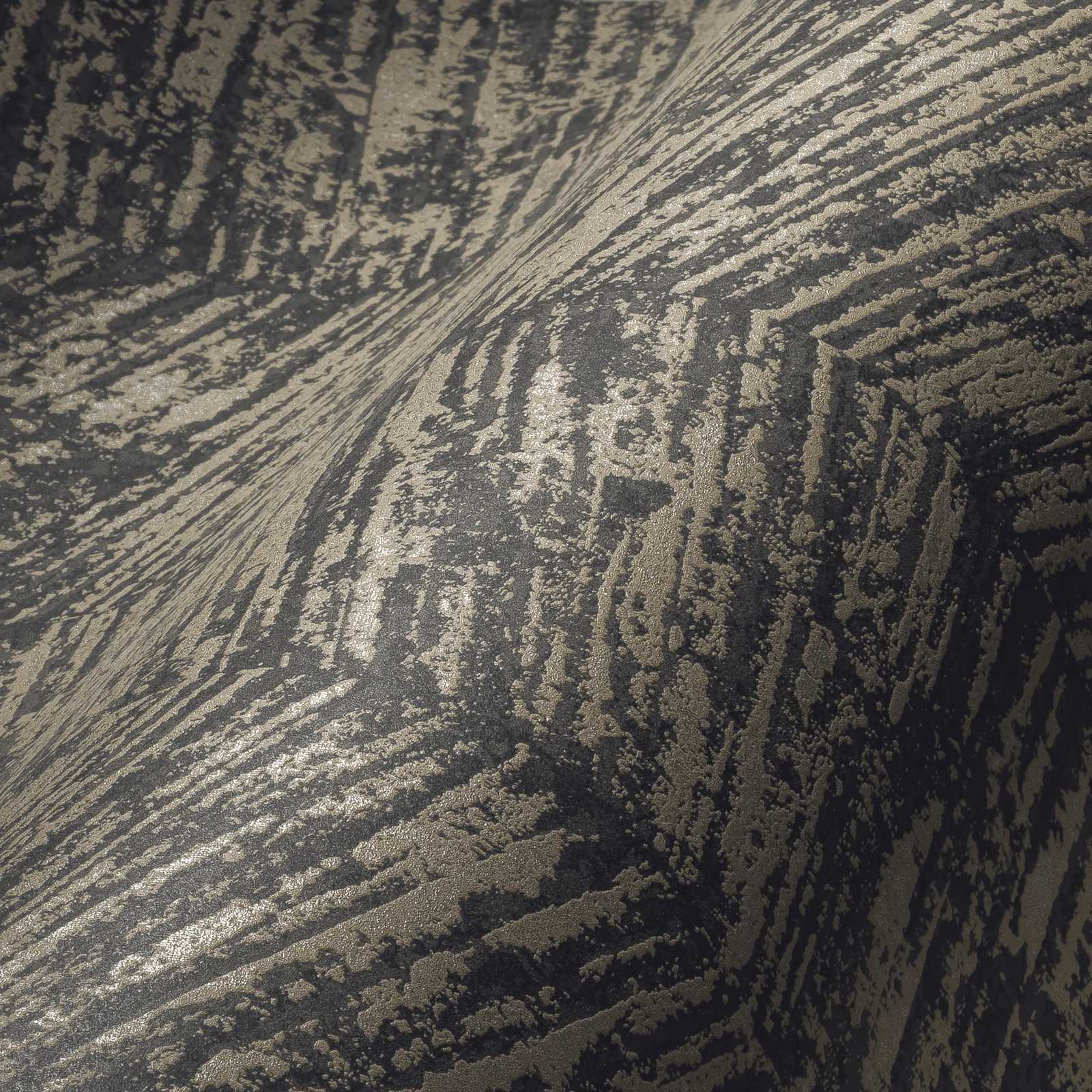             Ethno behang met gevlekt streeppatroon - grijs, metallic, zwart
        