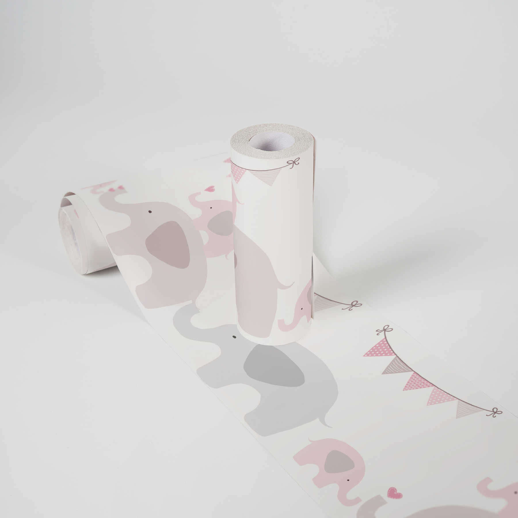             Papier peint bébé "troupeau d'éléphants roses" pour fille - rose, gris, blanc
        