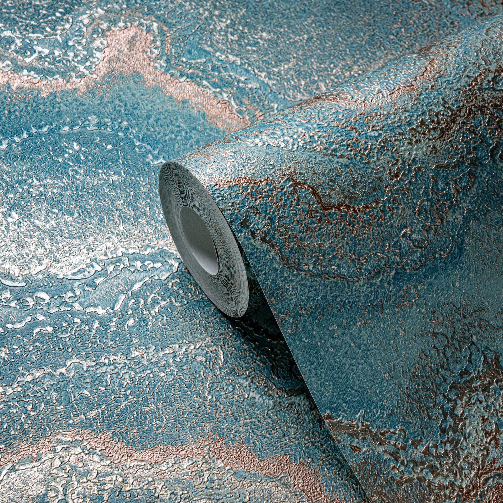             Papel pintado tejido-no tejido jaspeado con efecto metálico - azul, turquesa, dorado
        
