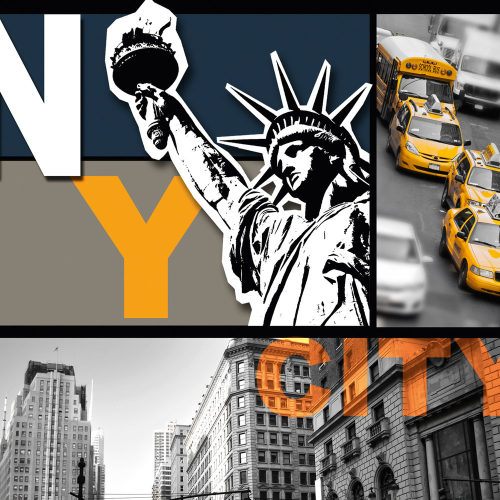             Stadsbehang New York, skyline en herkenningspunten - oranje, grijs, kleurrijk
        