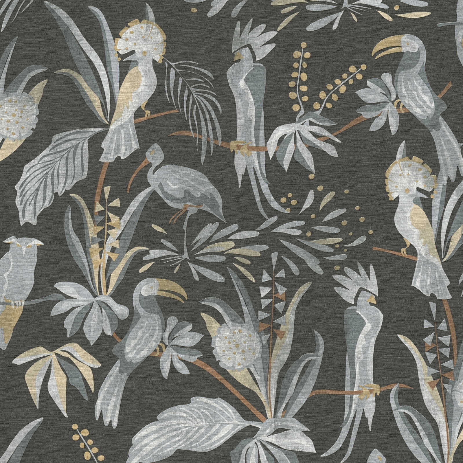             Wallpaper with jungle plants and birds - black, grey, beige
        
