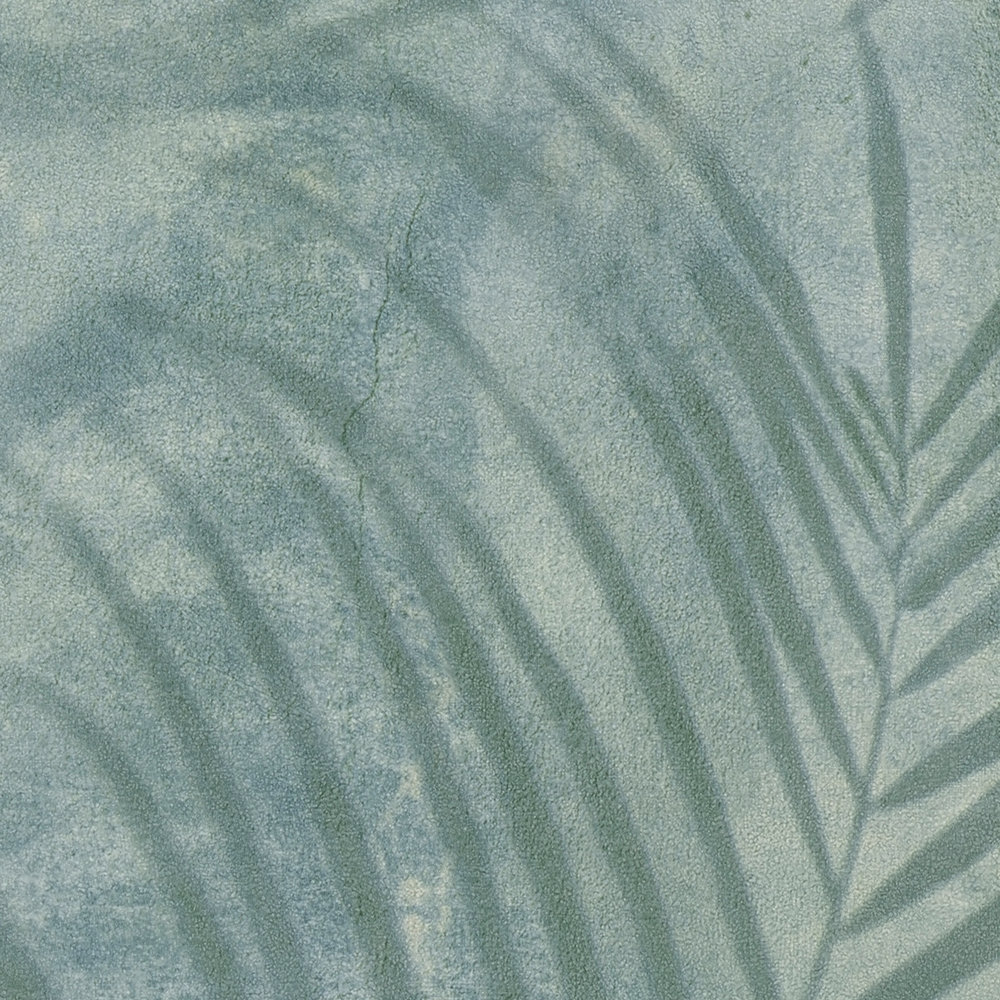             papel pintado con motivos de palmeras en aspecto de lino - verde, azul, gris
        