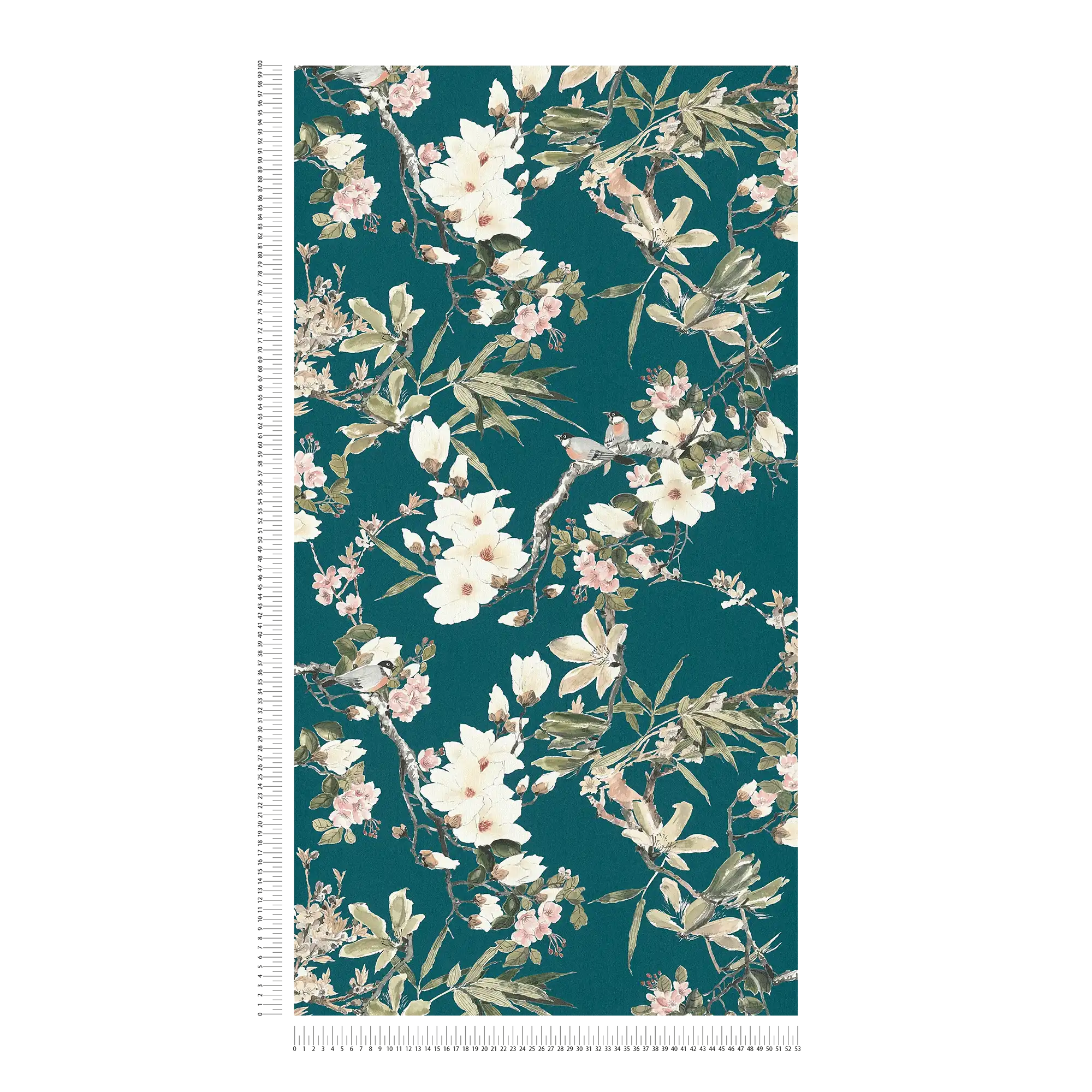             Papel pintado no tejido diseño naturaleza flores ramas y pájaros - azul, verde
        