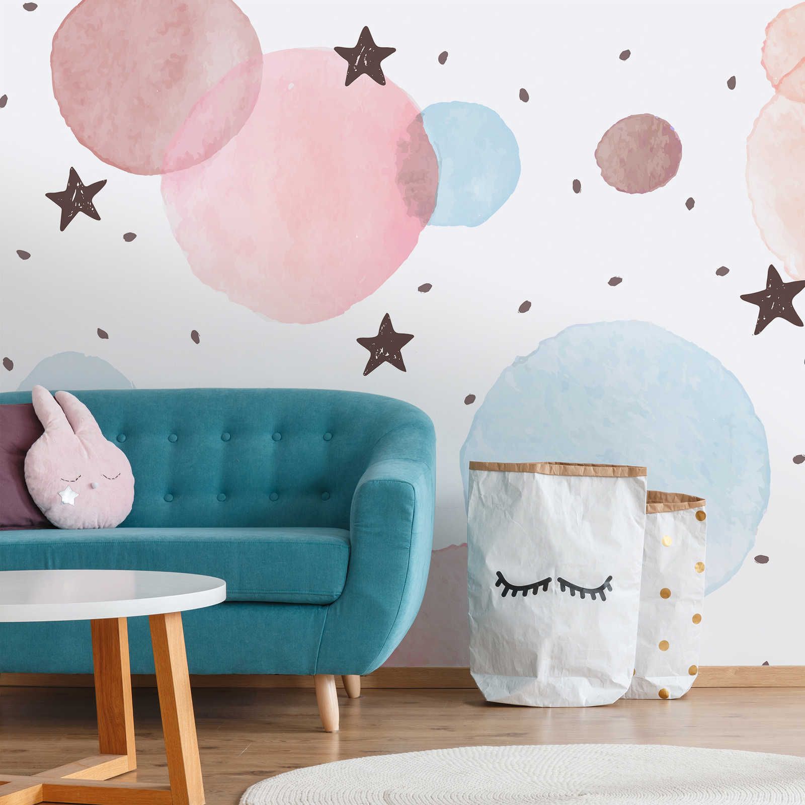Kinderkamer muurschildering met sterren, stippen en cirkels - structuurvlies
