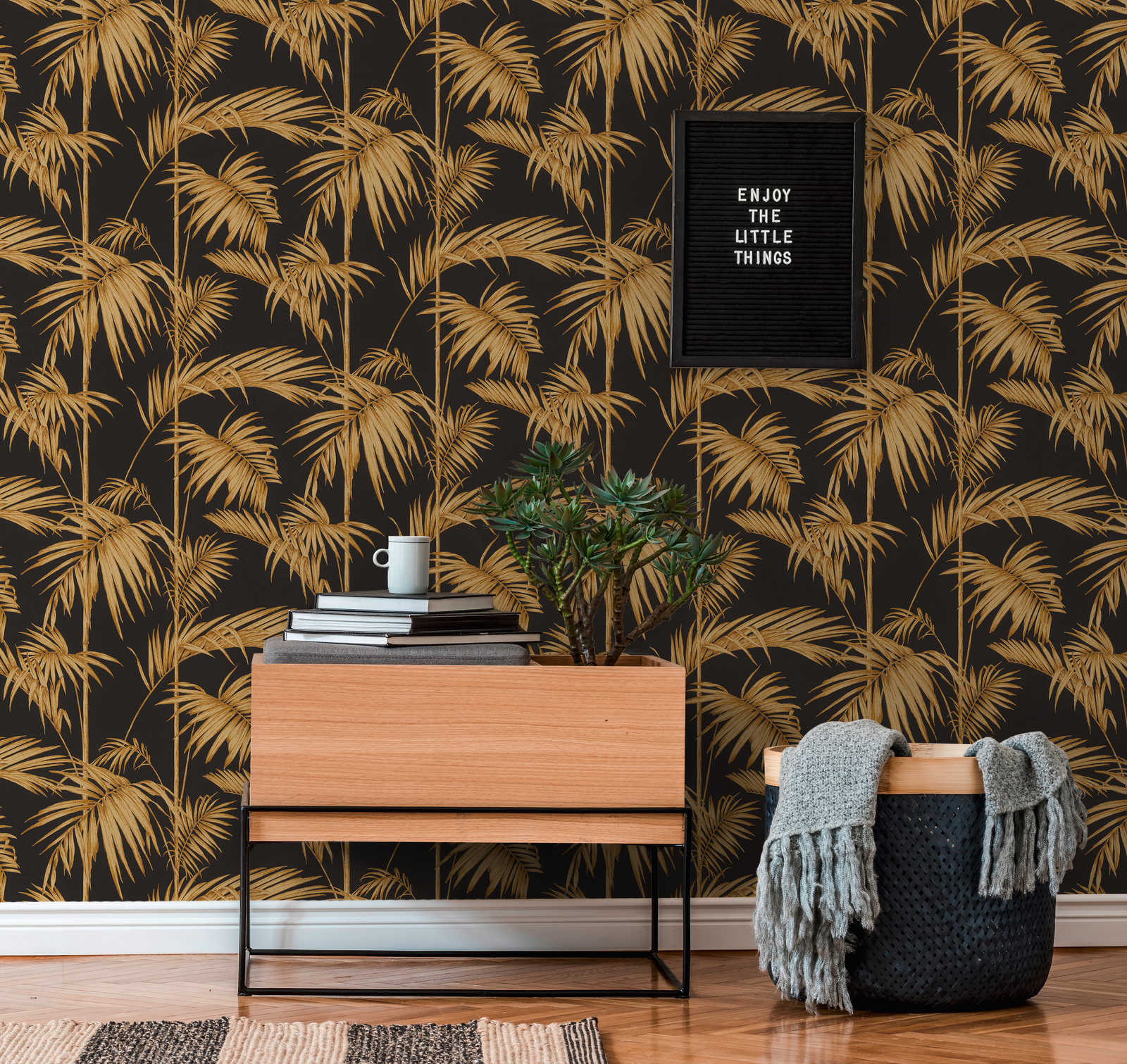             Papier peint naturel feuilles de palmier, bambou - or, noir, orange
        