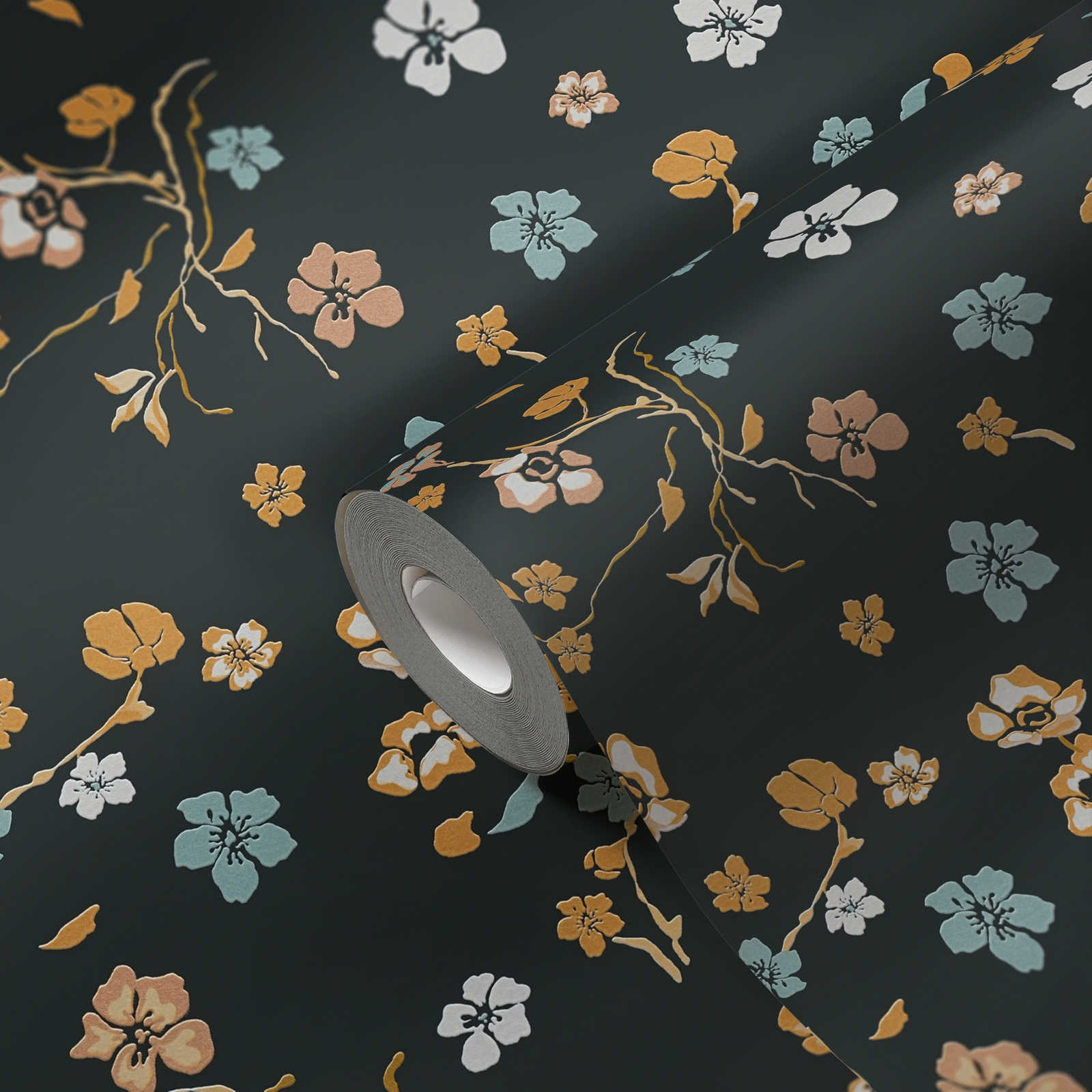             Papel pintado floral con efecto brillante y patrón texturizado - negro, dorado, turquesa
        