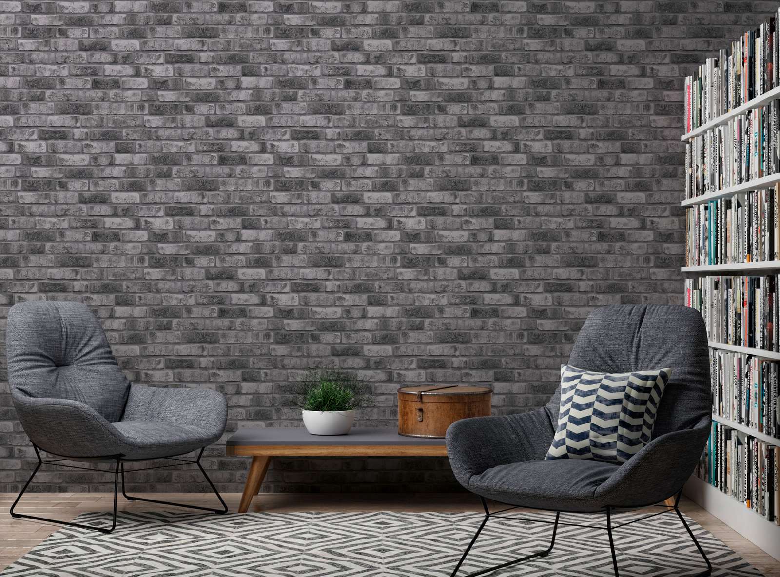             Wallpaper with brick motif in grey, black
        