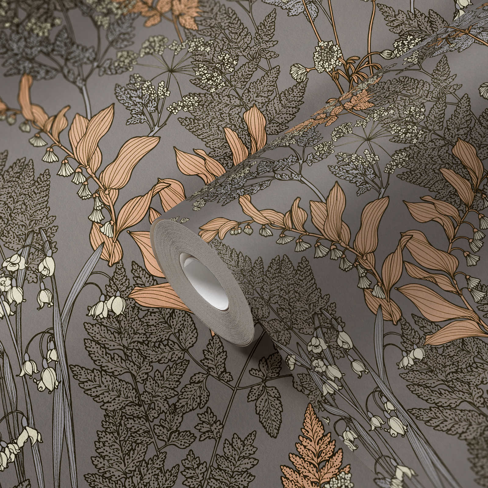             Wallpaper taupe with flowers design in modern style - grey, beige, yellow
        