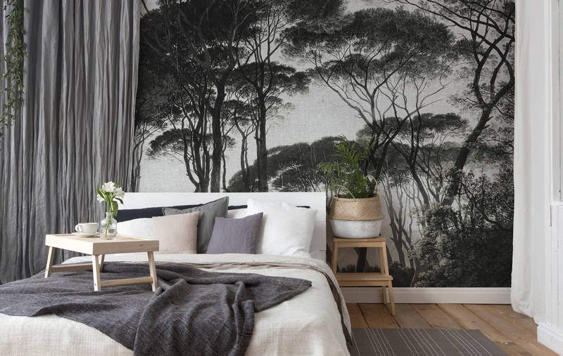             Jungle mural with retro & linen look - grey, black
        