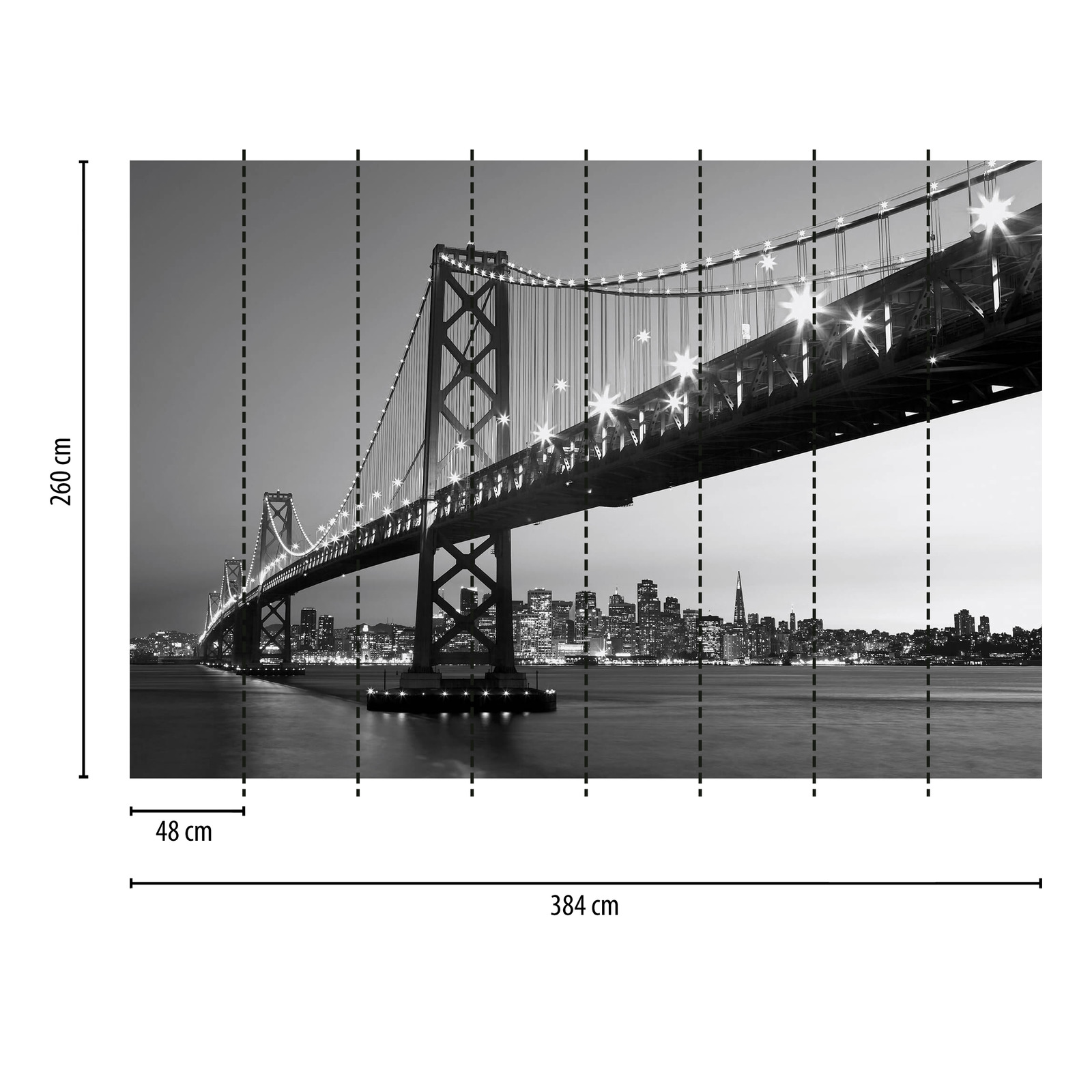             Mural en blanco y negro del horizonte y el puente de San Francisco
        