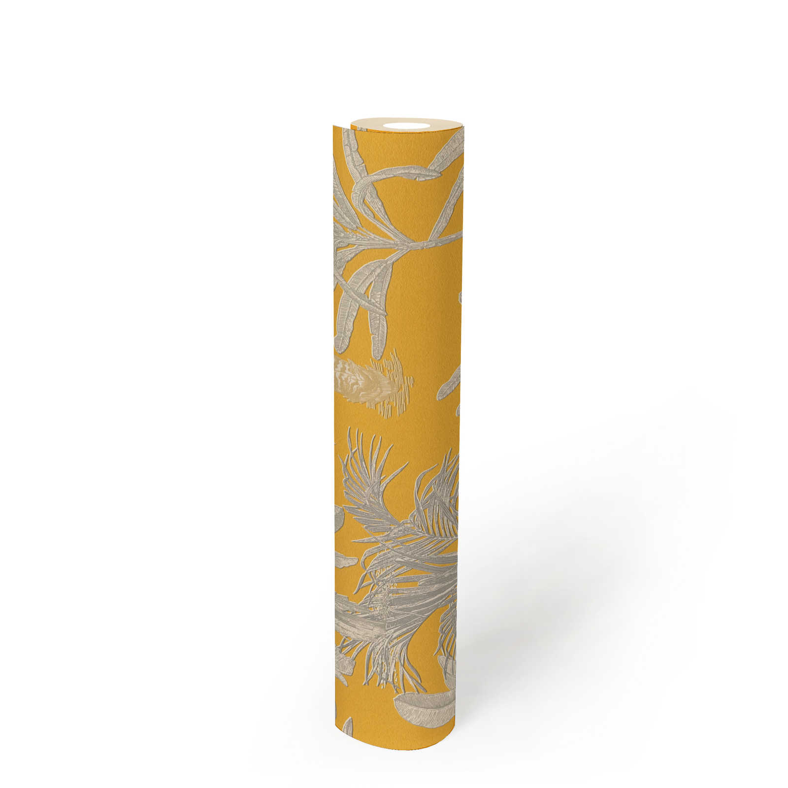             Palm wallpaper mustard yellow with textured pattern - yellow, grey
        