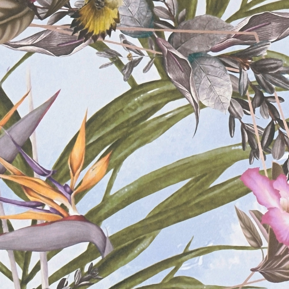             Papel pintado floral con pájaros y aspecto tropical - colorido, azul, verde
        