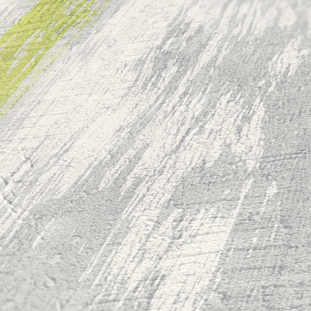             Papier peint à rayures avec structure de crépi & accentuation de couleur - gris, vert, jaune
        