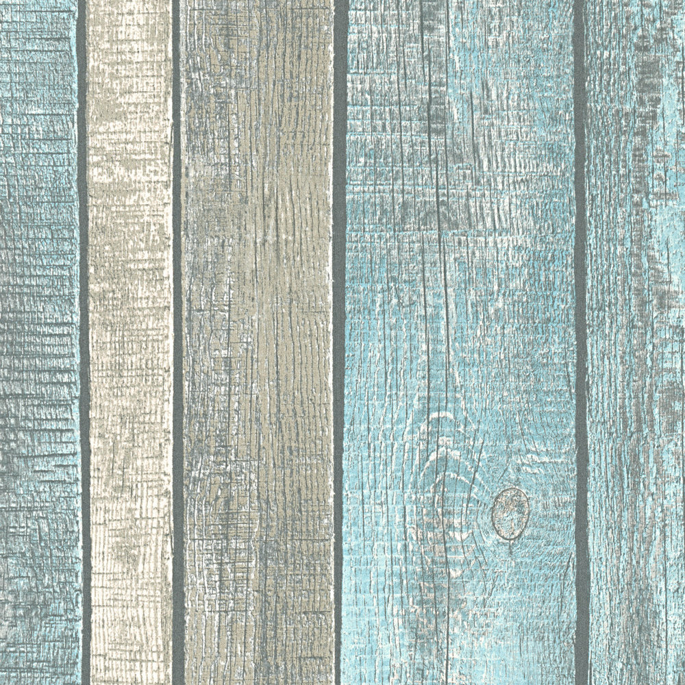             Papel pintado con aspecto de madera con tablas y grano rústico - azul, gris, crema
        